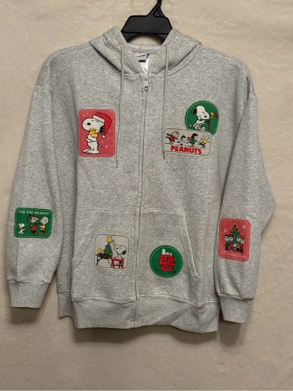 Peanuts Snoopy Christmas Patch Full-Zip Hoodie Women’s XL Gray New